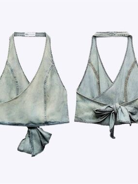 Zara faded denim Blue Halter Top tie back